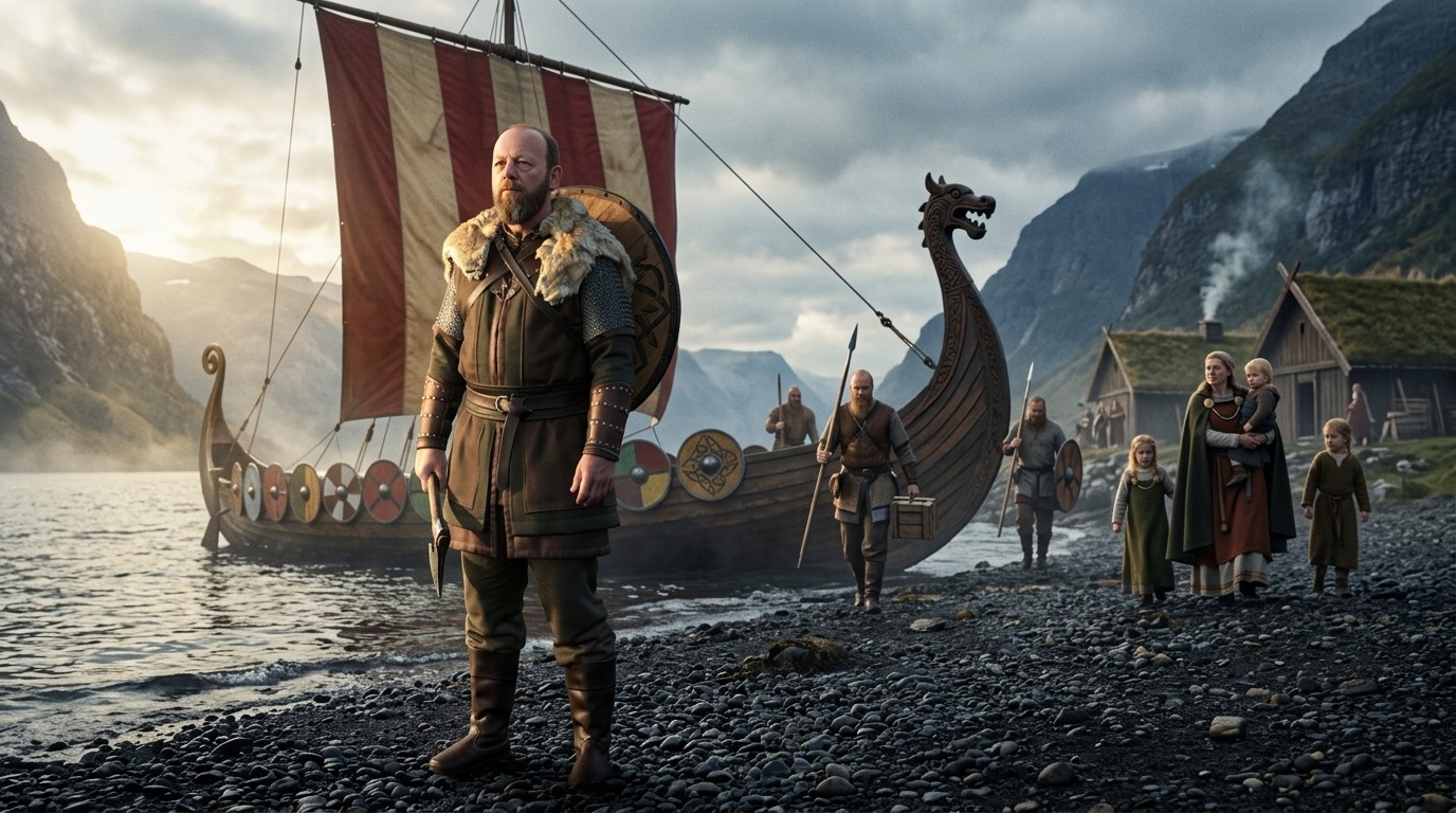 Viking a fjord partján, mögötte a hajó