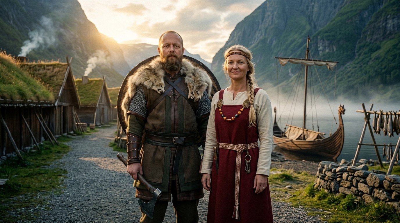 Ádám és Kinga vikingként a faluban