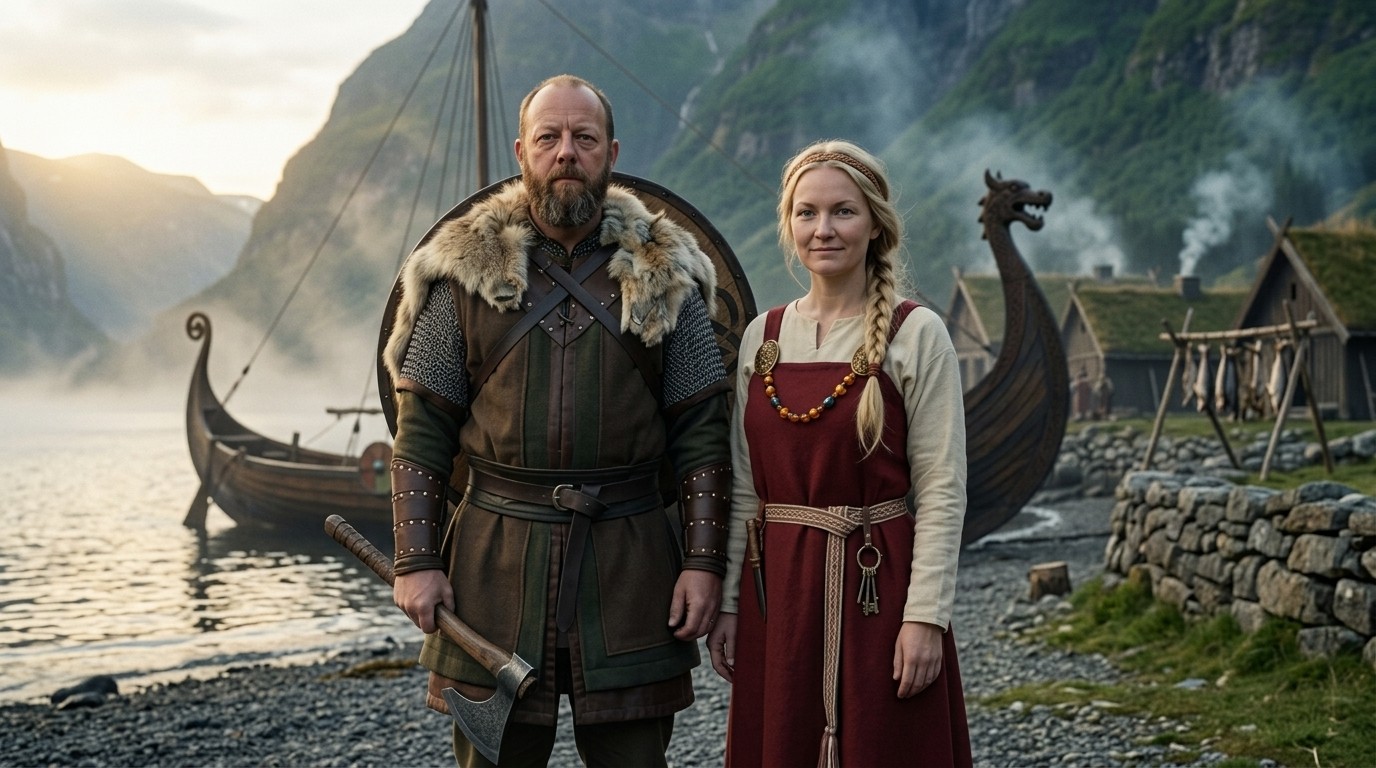 Ádám és Kinga vikingként a parton
